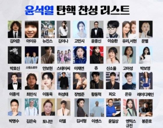 이승환은 지난 17일 자신의 인스타그램에 윤 대통령 탄핵 찬성 연예인 얼굴과 이름을 정리한 게시물을 공유했다. 사진 이승환 인스타그램 캡처