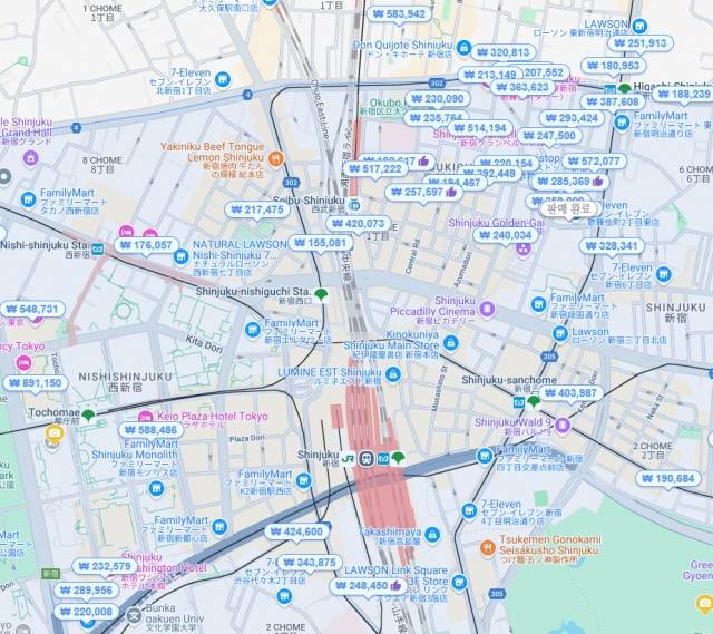 숙박 검색 플랫폼 아고다에서 한 사람이 일본 도쿄 신주쿠 지역 호텔에서 이달 21일 하룻밤 묵는 조건으로 검색한 1인 기준 1박 요금. 세금과 봉사료는 제외된 원화 금액이다. 아고다 검색 결과