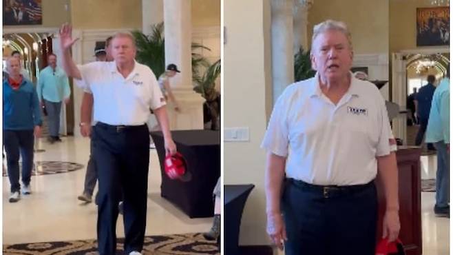 18일(현지시간) 미국 플로리다주(州) 팜비치 골프클럽에 올백 헤어스타일로 등장한 도널드 트럼프 미 대선 당선인의 모습 갈무리. (출처 : @JSMills25 엑스계정) 2024.12.18/