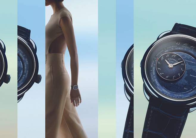 두 곳의 시간을 동시에 확인할 수 있는, 독자적 트래블링 메커니즘을 탑재한 ‘아쏘 르 땅 보야쥬’ 워치. 사진 에르메스