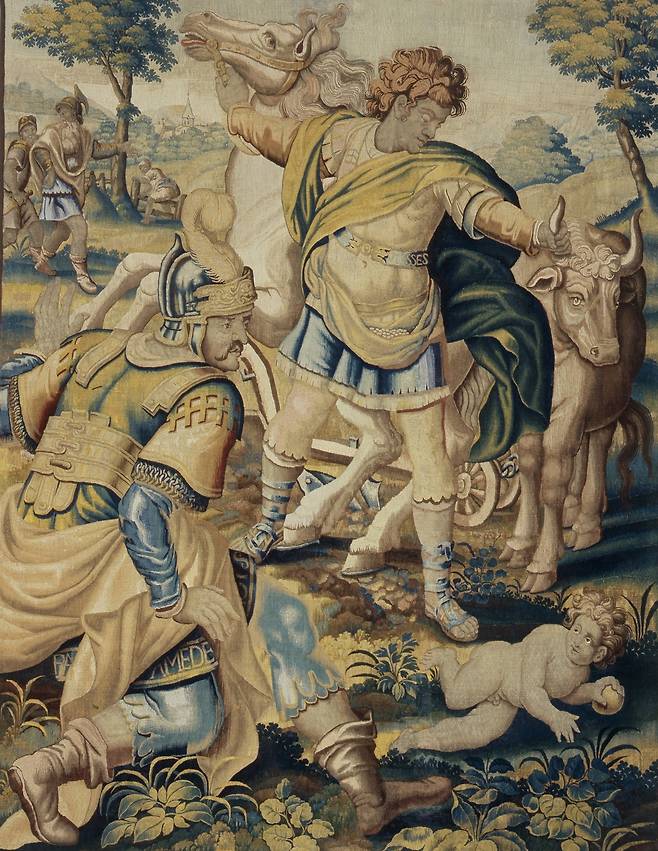 <작자미상, 광기를 연기하는 오디세우스, 17세기경, 249.5x198.5cm, 프투이 오르모즈 박물관> 광기에 휩싸인 척 말과 소를 끌고 끝없이 쟁기질을 하던 오디세우스가 자기 아들 텔레마코스 앞에서 두 짐승을 멈춰 세우고 있다. 텔레마코스를 짓밟으면서까지 혼미한 척을 할 수는 없었던 것이다. 메넬라오스의 이종사촌 팔라메데스가 바로 앞에서 옆모습을 보인다. 텔레마코스를 이용한 계책을 짠 그는 불행히도 오래 살지 못했다. 오디세우스는 이번 굴욕을 잊지 않았다. 오디세우스는 훗날 치러질 트로이와의 전쟁 중 팔라메데스에게 내통의 누명을 씌운다. 특유의 주도면밀함으로 빠져나갈 구멍을 모두 없애버린다. 팔라메데스는 결국 병사들의 돌에 맞아 죽는 비참한 최후를 맞는다.