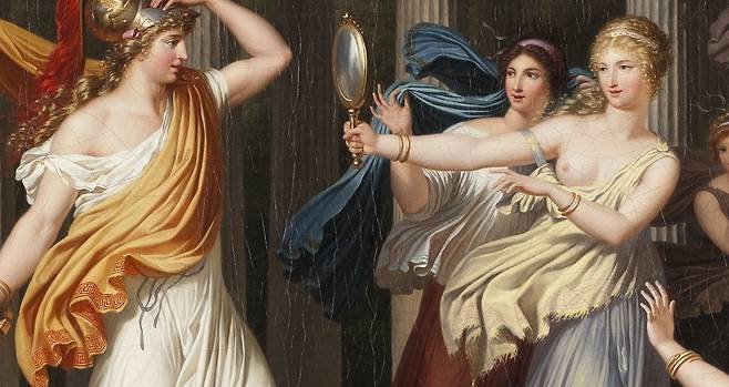 루이 고피에, 리코메데스의 딸들 사이에서 아킬레우스를 알아보는 오디세우스(일부 확대), 1791, 캔버스에 유채, 81.5x114cm, 스웨덴 국립 박물관