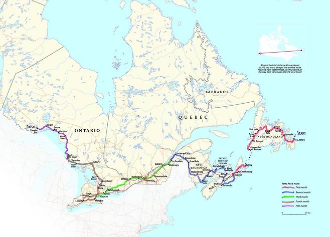 테리 폭스의 1980년 희망 마라톤. 그의 여정의 몇 달이 다른 색상으로 강조되어 있다./2024. 12. 20/<출처: 캐나다 지오그래픽>