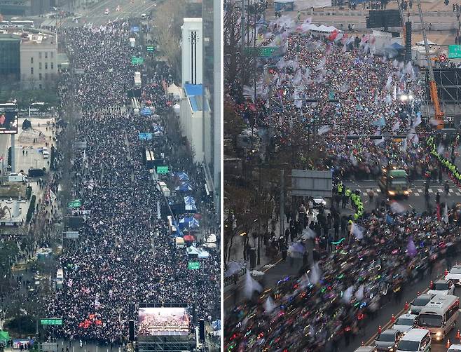 지난 21일 서울 광화문 일대에서 열린 대통령 탄핵 반대 집회(왼쪽)와 탄핵 촉구 단체 행렬. /뉴시스