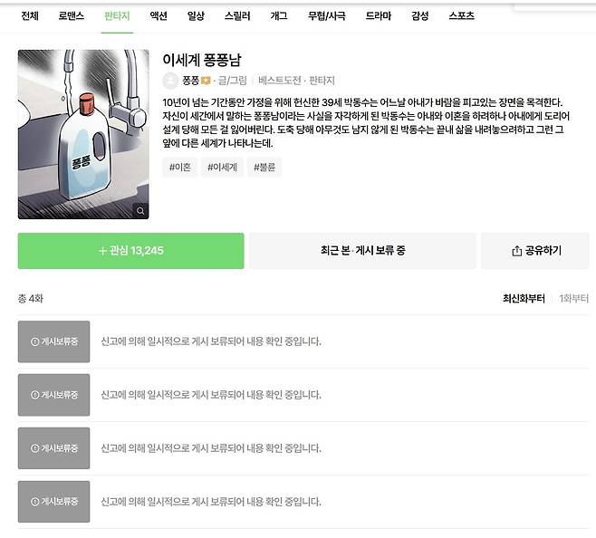 남성향 이혼물인 '이세계 퐁퐁남'은 여혐을 담고 있다는 비판 속에 이용자 신고가 누적돼 11월 중순부터 자동으로 게시 중단됐다. 이 작품을 띄웠다는 이유로 불매 운동을 당한 네이버 측은 사과문을 올렸다. /네이버웹툰