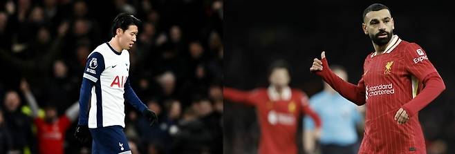 아쉬워하는 손흥민(왼쪽)과 골을 넣고 세리머니하는 모하메드 살라.   런던 | 로이터·EPA연합뉴스