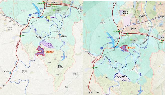 대전 서구 오동지구(사진 왼쪽)와 봉곡지구 산업단지 개발사업 위치도. 대전도시공사
