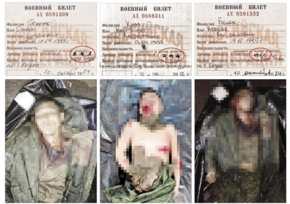 러시아 이름 대신 ‘조철호·리대혁·반국진’으로 서명된 신분증 - 우크라이나 특수작전군이 22일(현지시간) 텔레그램 채널에 러시아 접경 쿠르스크 전장에 파병됐다가 우크라이나군에 사살된 북한군 3명의 시신 모습과 위조신분증 사진을 최초로 공개했다. 신분증에는 ‘조철호’, ‘리대혁’, ‘반국진’이라는 한글 이름(빨간 원 안)이 자필로 서명돼 있다. 우크라이나 특수작전군 텔레그램 캡처
