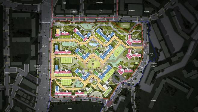 봉천14구역 예상 단지 배치도. 빨간 박스 부분이 관악현대아파트 단지 일부분. [독자 제공]