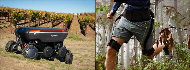 일본 로봇기업 쿠보타 북미지사에서 출품한 4륜 로봇(왼쪽)과 중국 로봇기업 하이퍼쉘의 세계 첫 야외용 외골격 장치 로봇. 두 제품 모두 CES 2025 최고혁신상을 받았다./각 사 웹사이트 캡처