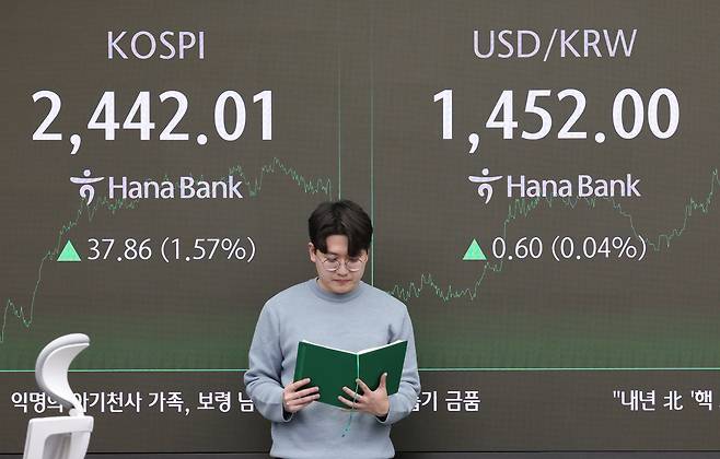 지난 23일 오후 서울 중구 하나은행 본점 딜링룸 전광판에 원·달러 환율과 코스피 지수가 표시되고 있다. /뉴스1