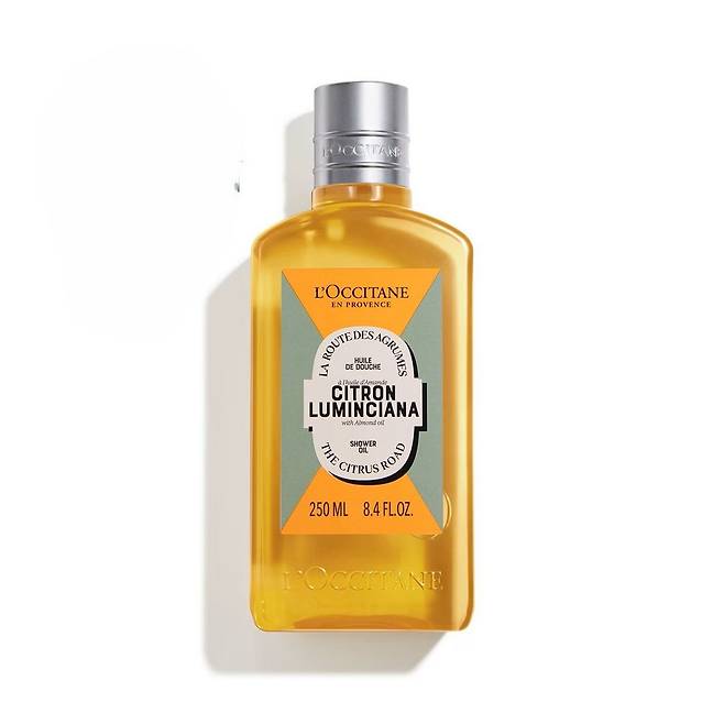 록시땅 2024 홀리데이 시트론 루민시아나 샤워 오일: 포도 씨, 스위트아몬드 오일, 해바라기씨 오일이 보습 막을 남기는 보디 클렌저. 250mL 3만6천원.