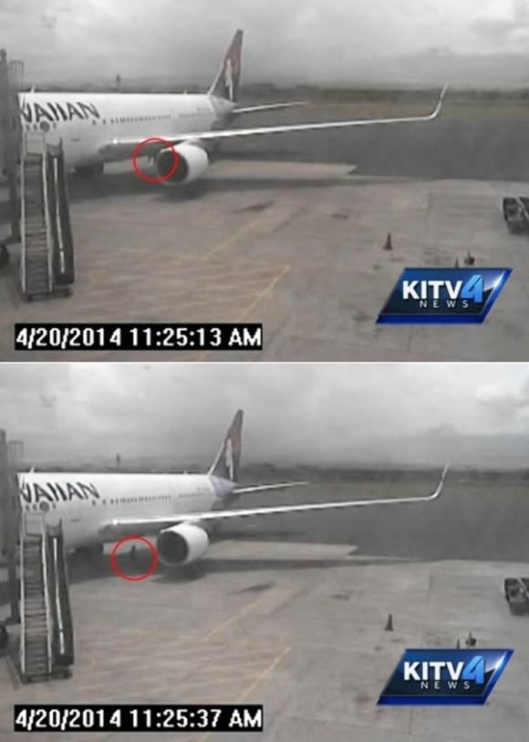 2014년 미국 캘리포니아 산호세발 하와이안 항공기 바퀴에 매달려 하와이까지 총 5시간 넘게 비행한 15세 소년 야히아 압디가 스스로 바퀴 랜딩기어 격납고에서 걸어나오는 모습. 공항 CCTV 캡처