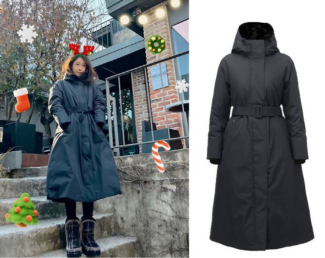 배우 이지아(왼쪽)가 노비스 ‘아우라 롱 다운 코트’를 입은 모습. (사진=이지아 SNS·노비스)