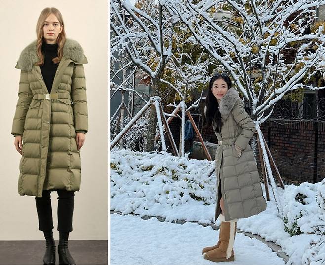 배우 기은세(오른쪽)가 올리비아 로렌의 ‘폭스 벨티드 롱 다운 패딩’을 입었다. (사진=올리비아 로렌·기은세 SNS)