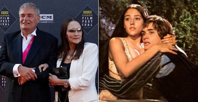 2018년 ‘로미오와 줄리엣’의 주연배우 올리비아 핫세와 레너드 위팅이 미국의 한 영화제에 참석한 모습(왼쪽). 오른쪽 사진은 영화 ‘로미오와 줄리엣’의 한 장면 [AP]