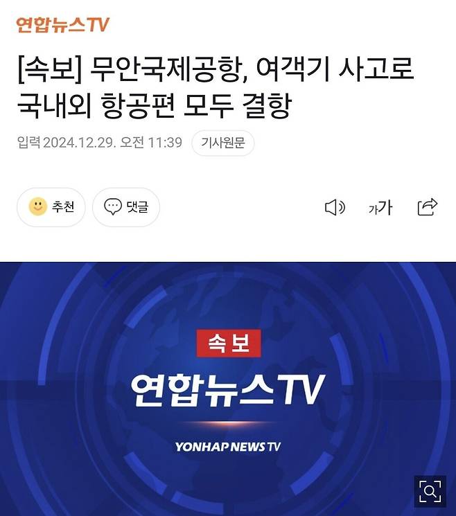 [속보] 무안국제공항, 여객기 사고로 국내외 항공편 모두 결항