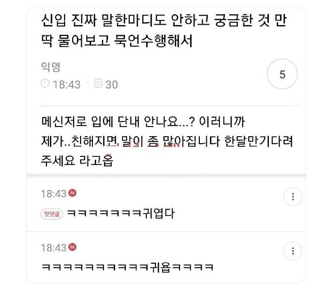 신입 진짜 단 한마디도 안하고