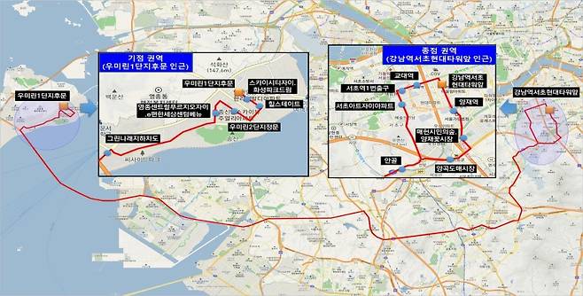 인천 영종국제도시와 서울 강남역을 오가는 M6462 노선도 ⓒ인천시