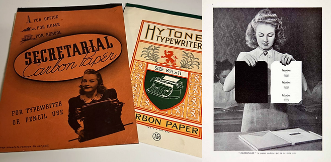 이베이에 경매물로 올라온 빈티지 카본지 제품(왼쪽 사진)과 1953년 프랑스 사무용품업체의 카본지 지면 광고. [사진 출처=이베이, periodpaper.com]