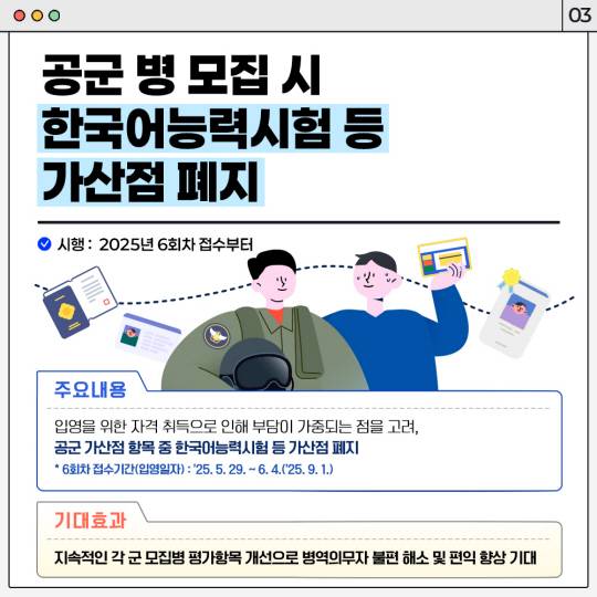 2025년 5월부터 공군병 모집시 한국어능력시험 등 가산점 제도가 폐지된다. 공군 제공