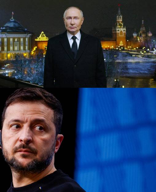 블라디미르 푸틴(위) 러시아 대통령이 31일(현지시간) 러시아 모스크바에서 연례 신년사를 발표하고 하고 있다. 볼로디미르 젤렌스키 우크라이나 대통령.(사진=로이터)