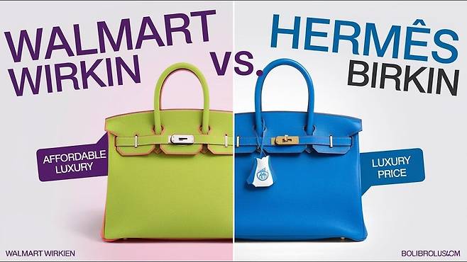 에르메서 버킨백과 월마트 '워킨백'을 비교하는 유튜브 영상 캡처