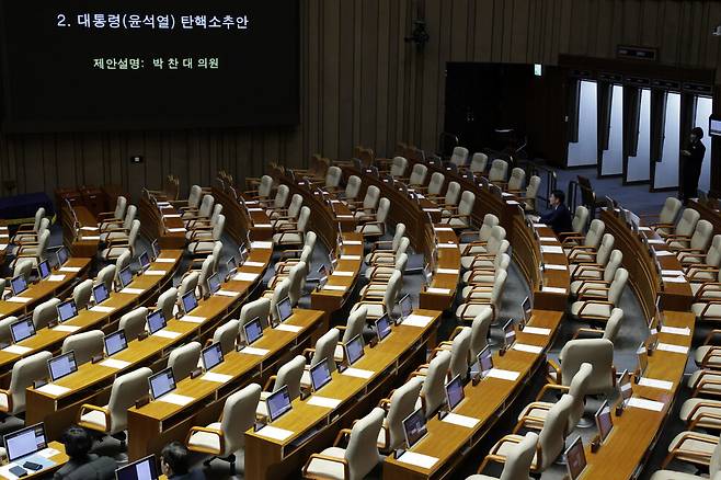 2024년 12월7일 오후 서울 영등포구 여의도 국회 본회의장에서 대통령 윤석열 탄핵 소추 표결이 열렸다. 국민의힘 의원들이 모두 퇴장한 가운데 안철수 의원만 자리를 지키고 앉아있다. 김명진 기자 littleprince@hani.co.kr