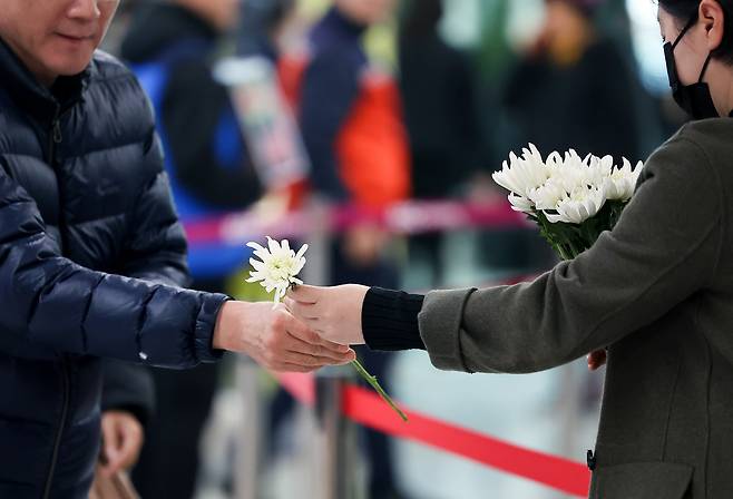 2일 전남 무안군 무안국제공항에 마련된 제주항공 여객기 참사 희생자 합동분향소에서 한 자원봉사자가 조문객에게 국화를 나눠주고 있다. <연합뉴스>