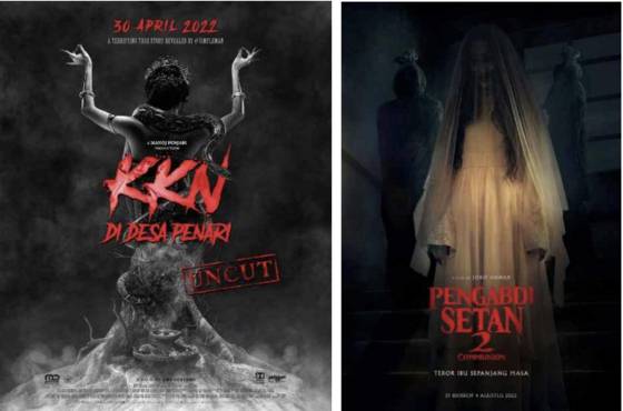 인도네시아 연간 관객수가 역대 최고를 기록한 2022년 자국 최초 천만 관객을 동원한 '무용수 마을의 대학생 봉사활동(KKN di Desa Penari)'(왼쪽)과 그해 흥행 2위에 오른 조코 안와르 감독의 '사탄의 숭배자 2: 커뮤니언'. 모두 공포영화다. 사진 영화진흥위원회 '2023년 인도네시아 영화산업 결산'