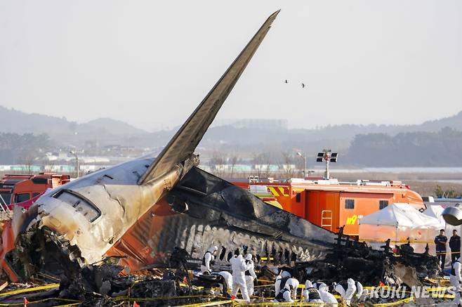 제주항공 여객기 참사 사흘째인 31일 전남 무안국제공항 사고 현장에서 경찰 과학수사 요원들이 현장감식을 하고 있다. 사진=유희태 기자