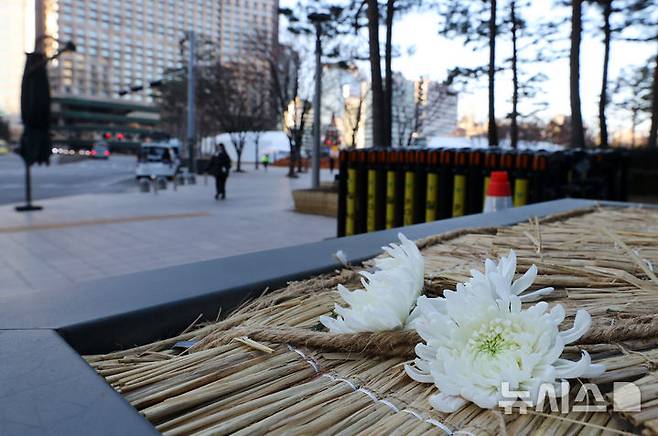 [서울=뉴시스] 김혜진 기자 = 지난 3일 오전 서울 중구 서울시청 앞에 마련된 제주항공 여객기 사고 희생자 합동분향소 인근에 국화꽃이 놓여 있다. 2025.01.03. jini@newsis.com