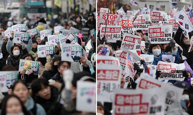 서울 용산구 한남동 일대에서 대통령 체포를 둘러싼 대규모 찬반 집회가 이어지고 있다. 왼쪽은 5일 서울 용산구 대통령 관저 인근에서 민주노총 등 진보단체가 대통령 체포 및 탄핵 찬성 집회 하는 모습. 오른쪽은 용산구 한남동 대통령 관저 인근에서 시민들이 윤석열 대통령을 지지하는 탄핵 반대 집회자들의 시위 모습. 뉴시스·연합뉴스