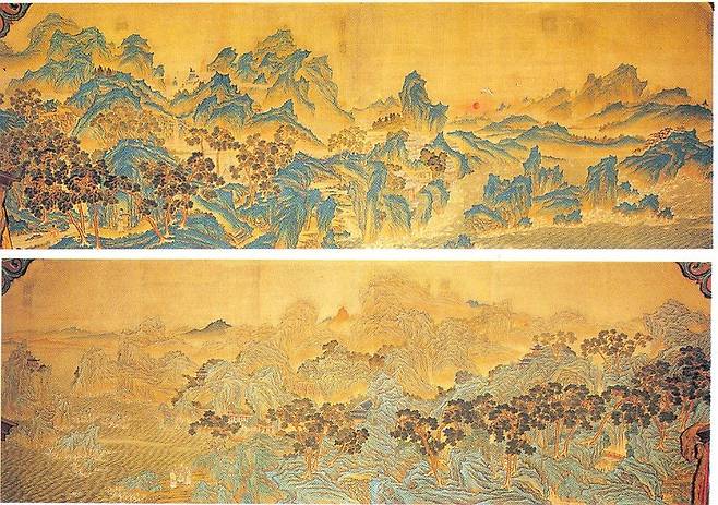 창덕궁 경훈각 벽화 위는 ＇창덕궁 경훈각 조일선관도', 아래는 '창덕궁 경훈각 삼선관파도'로 두 그림 모두 2006년 국가등록문화유산으로 등록됨. [국가유산청 국가유산포털 제공. 재판매 및 DB 금지]