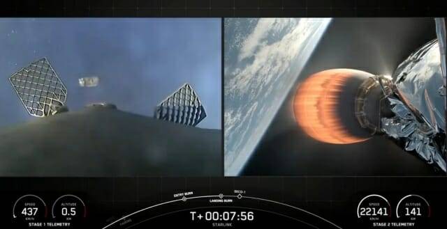 왼쪽 사진은 6일 24개의 스타링크 인터넷 위성을 발사한 팰컨9 로켓 1단계 추진체가 바다에 착륙하기 위해 내려오는 모습이며, 오른쪽은 로켓의 2단계 엔진이 위성에 계속해서 전력을 공급하여 지구 저궤도로 진입하는 모습이다. (출처=스페이스X)