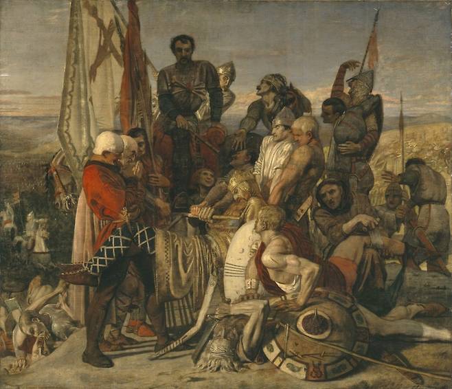 “우린 싸움만 잘하는 게 아니라네.” 헤이스팅스 전투에서 승리한 윌리엄을 묘사한  19세기 화가 포드 브라운의 작품.