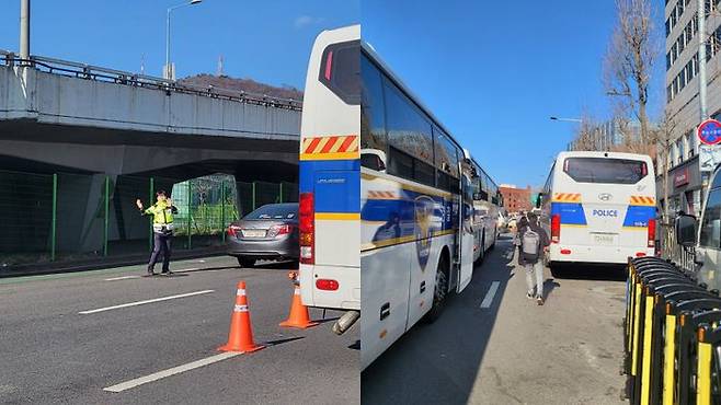 7일 서울 용산구 한남동 대통령 관저 인근에서 한 경찰이 차량을 통제하고 있다.(사진 왼쪽) 경찰이 인도 통행을 막자 차벽 사이에 생긴 갓길로 시민들이 이동하고 있다.(사진 오른쪽)ⓒ데일리안 허찬영 기자