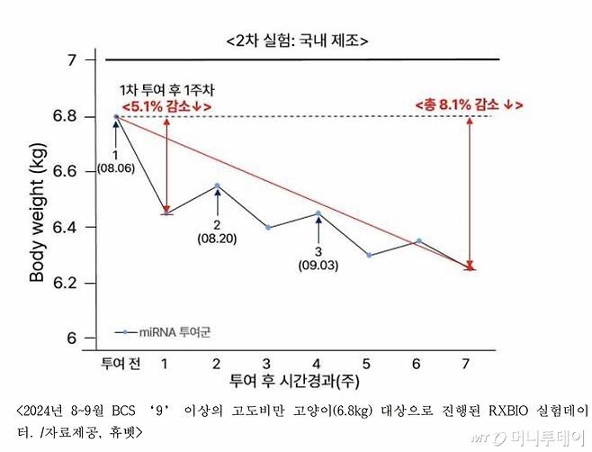 <2024년 8~9월 BCS '9' 이상의 고도비만 고양이(6.8kg) 대상으로 진행된 RXBIO 실험 데이터. /사진제공=RX바이오