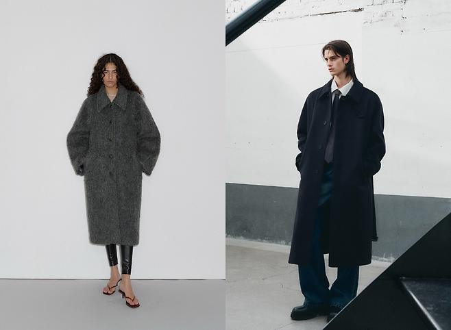 오버듀플레어 헤어리 발마칸 코트(왼쪽)와 드로우핏 코트. [무신사 제공]