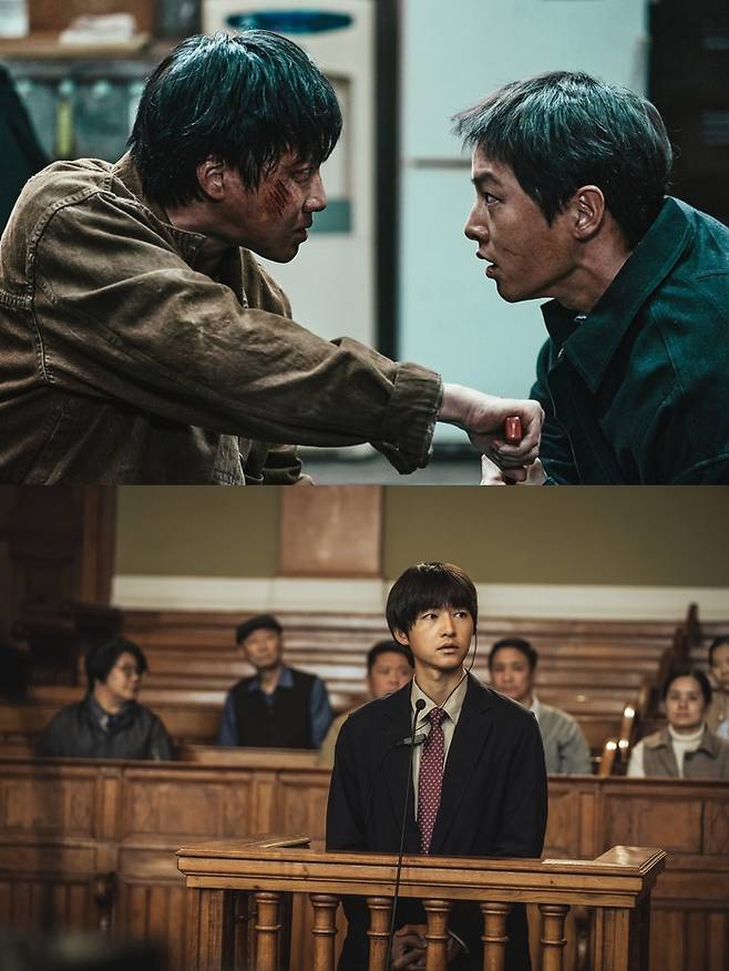 영화 ‘화란’(위)과 ‘로기완’ 속 송중기.