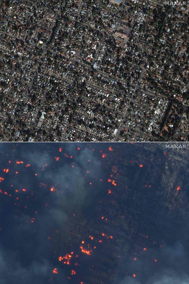 미 민간위성촬영 기업인 맥사(Maxar)가  촬영한 화재가 발생하기 전 지난 6일(현지시간) 캘리포니아주 앨터디너 페어 옥스 애비뉴 인근의 가옥 모습(위)와 8일 화마가 휩쓸고 간 지역 모습. [AFP]