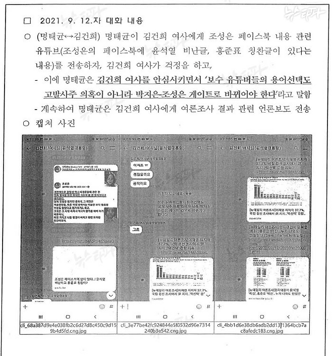 2021년 9월 12일 명태균-김건희 여사 카카오톡 대화 내용에 대한 검찰 수사보고서 ⓒ뉴스타파