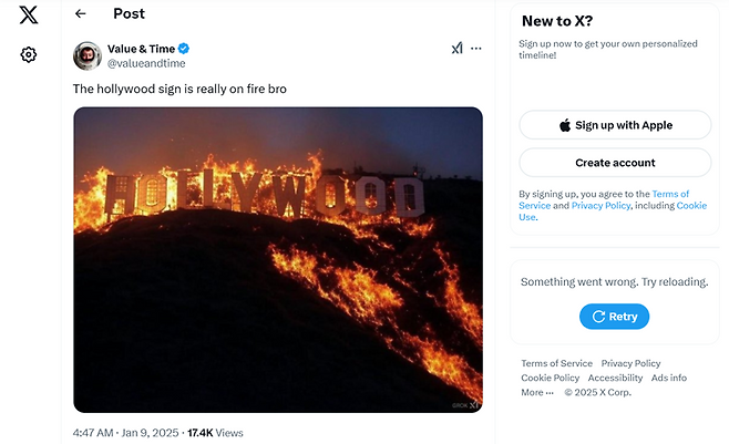 LA의 상징인 '할리우드 사인'에 불이 붙었다며 SNS에 올라온 가짜사진. /사진=엑스(X) 캡처