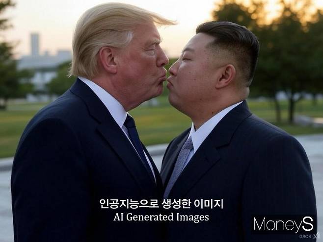 일론 머스크 최고경영자(CEO)가 이끄는 스타트업 xAI가 첫 인공지능(AI) 챗봇 애플리케이션(앱) '그록'(Grok) 베타 버전을 출시했다. 사진은 xAI의 그록에 김정은 국무위원장과 도널드 트럼프가 뽀뽀하는 사진을 요청해 생성한 결과. (인공지능 생성 표시 워터마크는 별도 방법으로 추가) /사진=그록