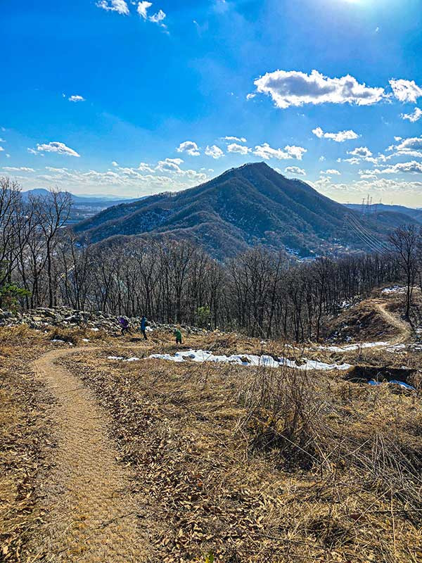 할미산성 정상부근에서 본 석성산. 용인의 진산답게 능선에 힘이 실려 있다. 