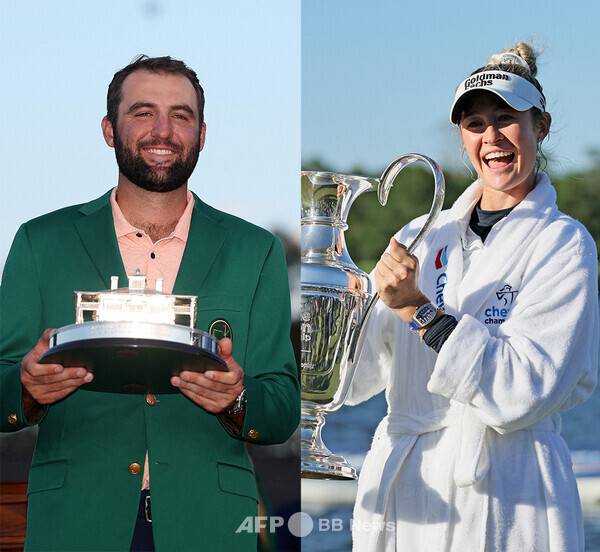 미국골프기자협회(GWAA)가 선정한 2024년 올해의 선수상을 수상한 스코티 셰플러, 넬리 코다. 사진은 2024년 마스터스에서 우승한 셰플러, 2024년 셰브론 챔피언십에서 메이저 우승한 넬리 코다의 모습이다. 사진제공=ⓒAFPBBNews = News1