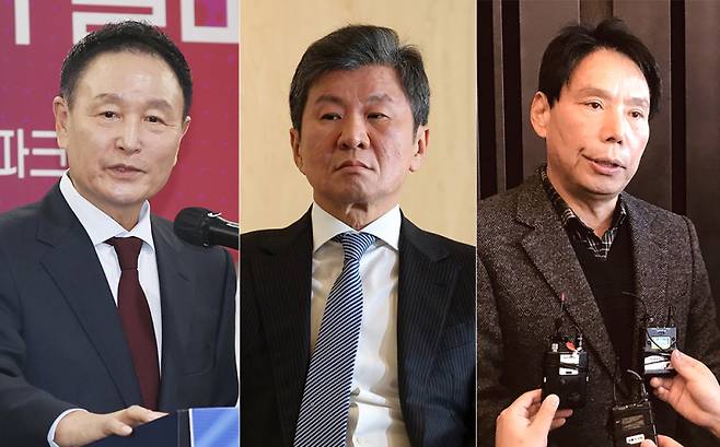 제55대 대한축구협회장 선거에 출마한 허정무 전 국가대표팀 감독과 정몽규 현 회장, 신문선 명지대 교수(왼쪽부터). 연합뉴스