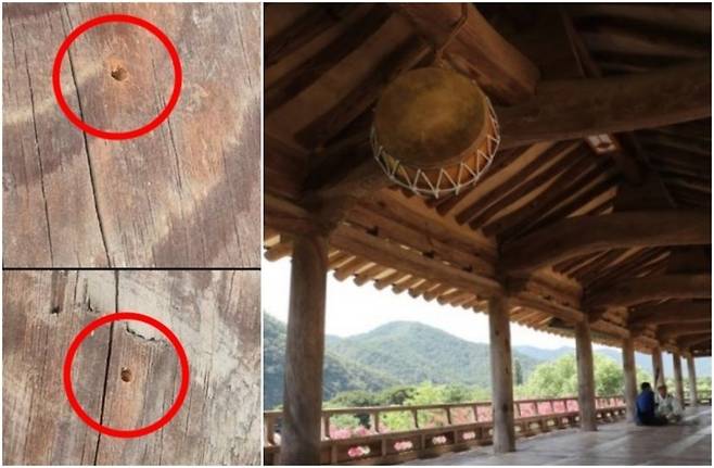 세계문화유산 병산서원 만대루 기둥에 남은 못자국과 안동 병산서원 만대루. [경북 안동시·연합뉴스]
