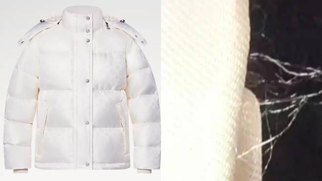 중국 항저우에 사는 홍모씨는 작년 11월 루이비통 매장에서 구입한 재킷(왼쪽)을 입은 지 4일 만에 보풀이 일어났다고 주장했다. /루이비통 홈페이지, 환구망