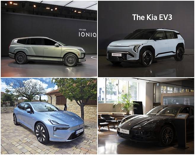 현대차 아이오닉 9(왼쪽 위부터 시계방향), 기아 EV3, 포르쉐 타이칸, 폴스타 폴스타 4. [헤럴드 DB, 각사 제공]